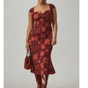 Anthropologie Maeve Cecily Fit & Flare Sweetheart Midi Floral Red Dress